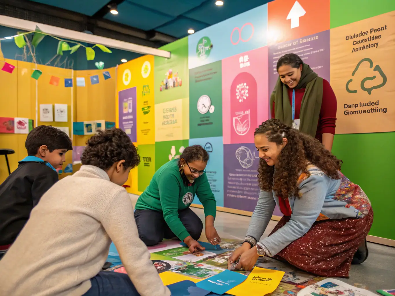 A community workshop with participants learning about water conservation and ecosystem preservation, with visual aids and outdoor activities. The image represents the Environmental Awareness Programs.