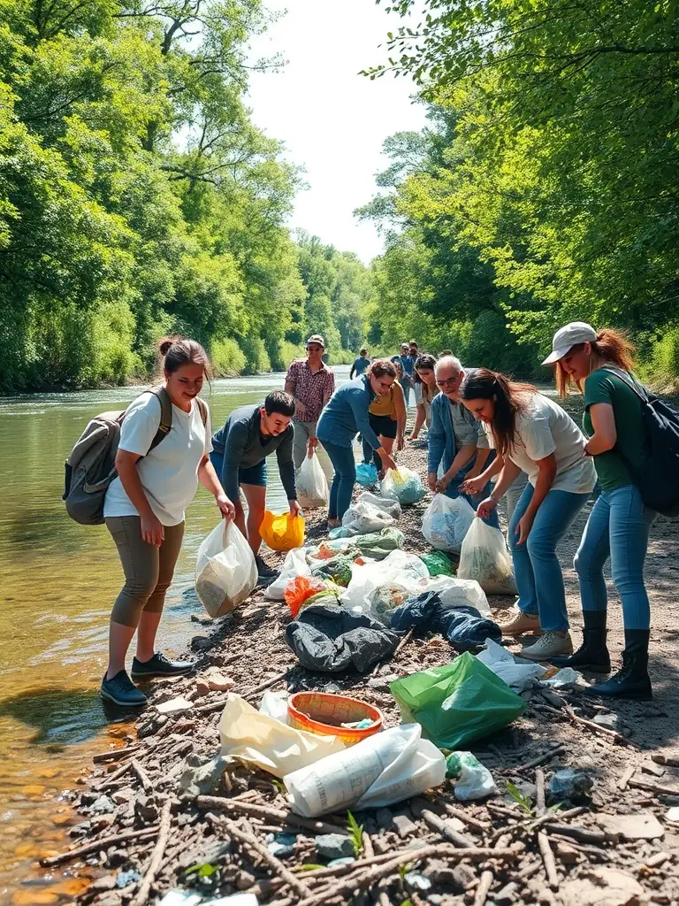 Volunteers cleaning up a riverbank, collecting trash and debris, with ECOLE MOUCHE DE LA GAZELLE banners visible, showcasing environmental awareness and community involvement.