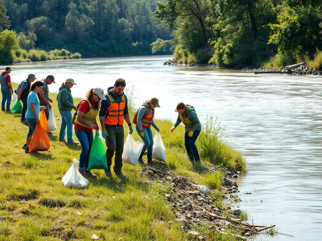 A diverse group of volunteers participating in a river clean-up activity, removing trash and debris from the riverbank, showcasing community engagement and environmental stewardship.