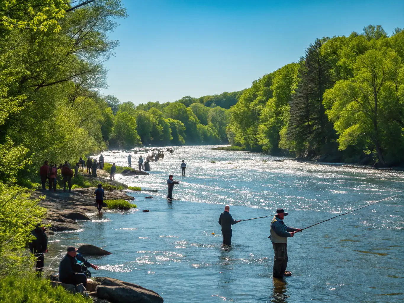 A group of participants practicing fly fishing along a serene riverbank, with instructors guiding them and lush greenery in the background. The scene captures the essence of the Fly Fishing Training program.