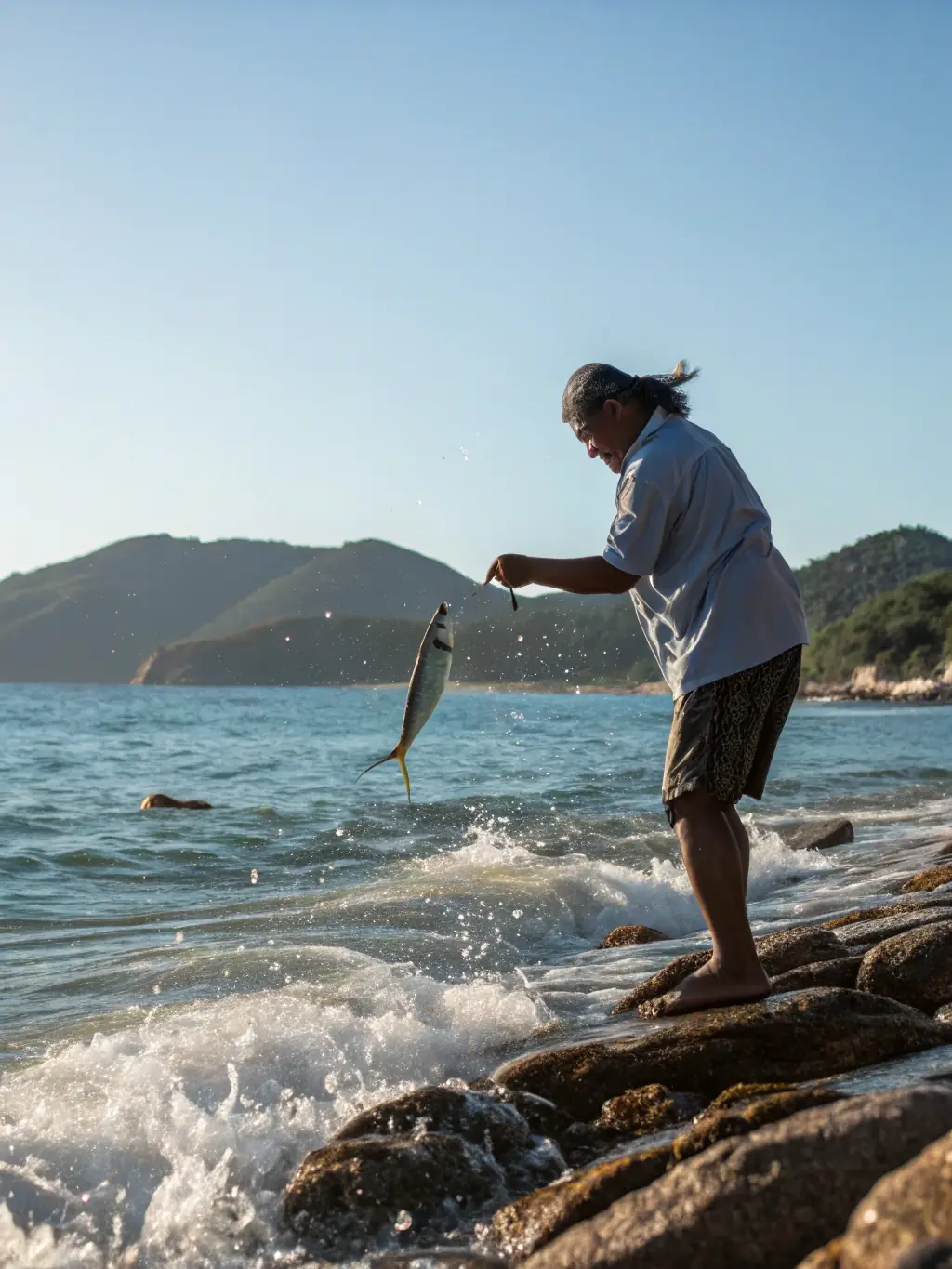 A participant releasing a fish back into the river after catching it during a fly fishing session, emphasizing responsible fishing practices and environmental conservation.