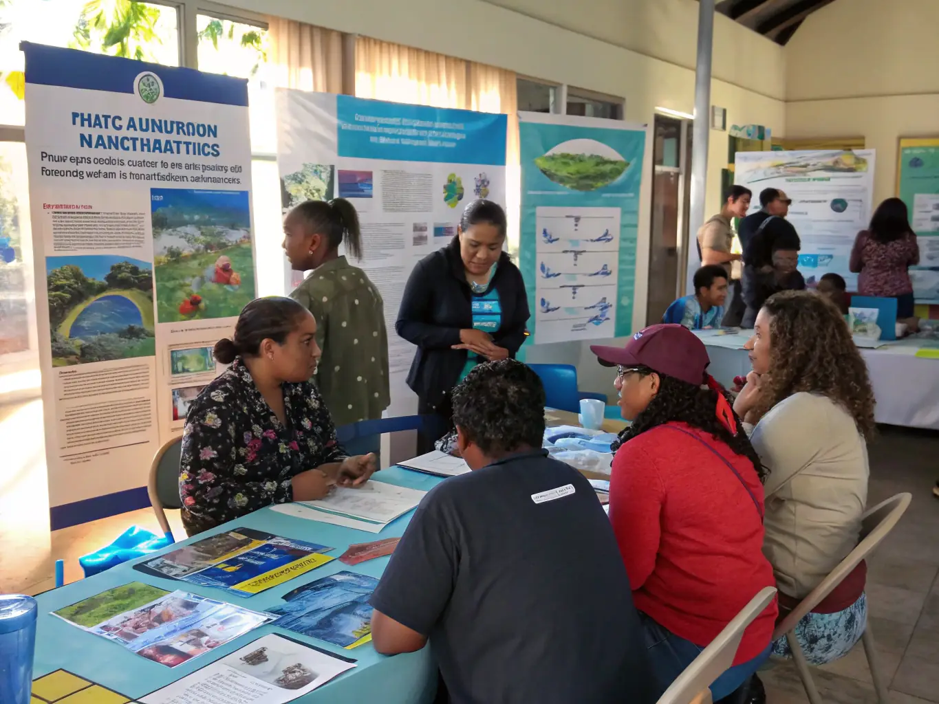 A diverse group of community members gathered for an outdoor workshop on sustainable water resource management, emphasizing the community engagement aspect of ECOLE MOUCHE DE LA GAZELLE.