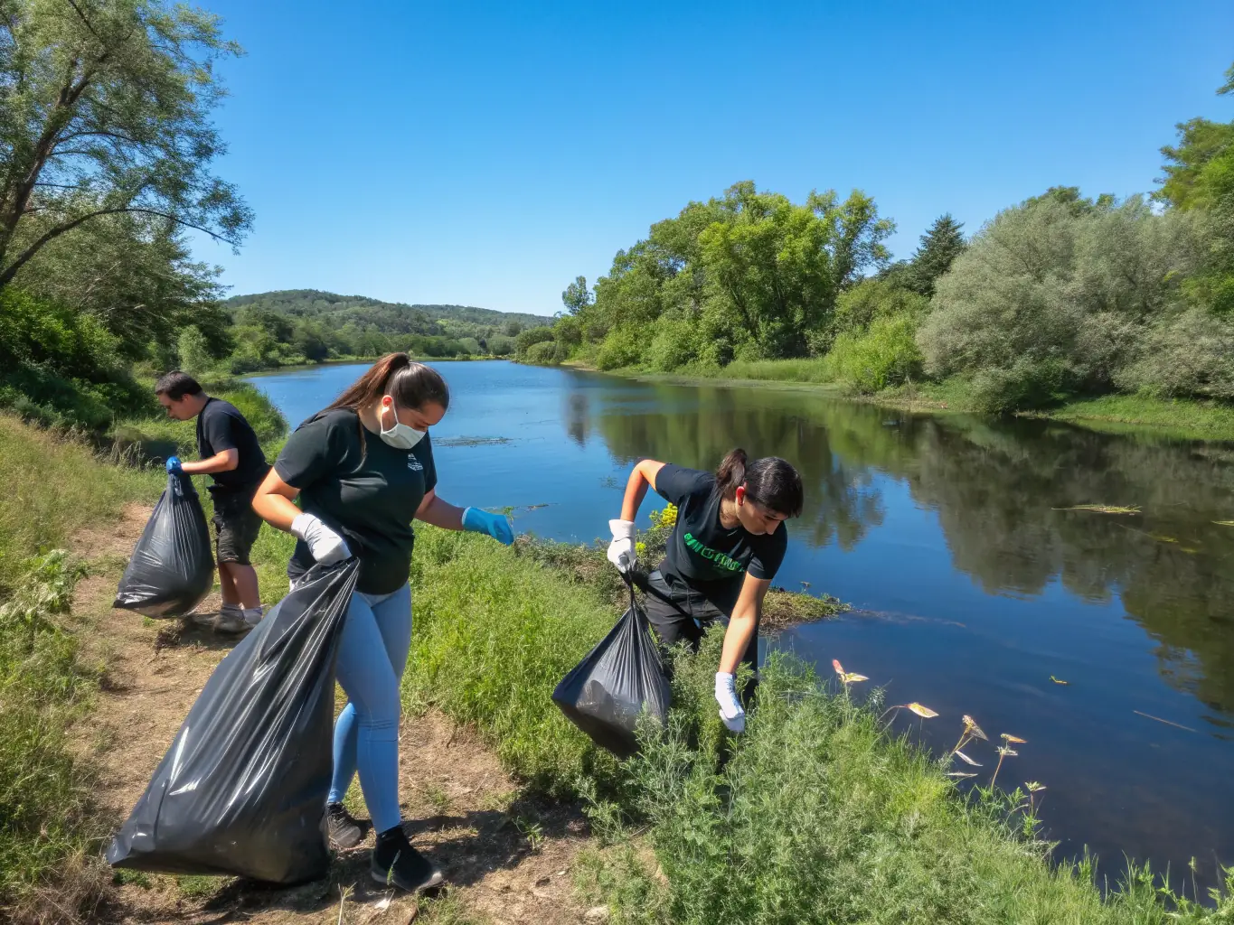 Volunteers participating in a river clean-up activity, removing debris and planting native vegetation, illustrating the hands-on approach of the environmental awareness programs.