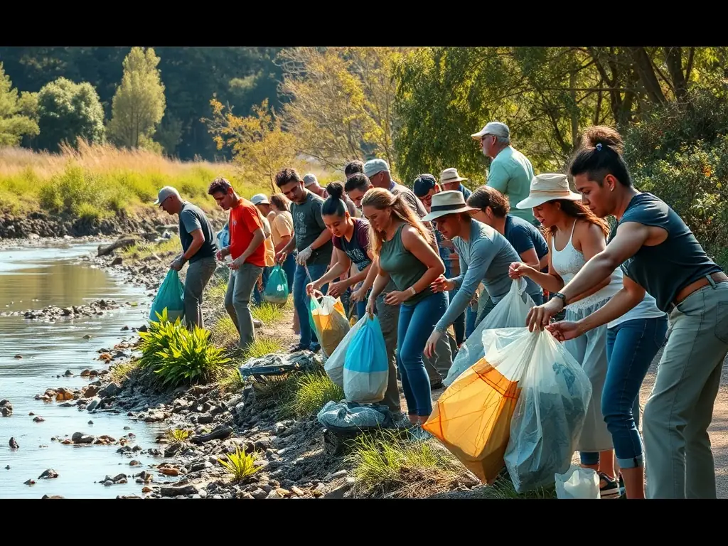 A community clean-up event organized by ECOLE MOUCHE DE LA GAZELLE, showing volunteers removing trash from a riverbank, highlighting the organization's dedication to environmental stewardship.