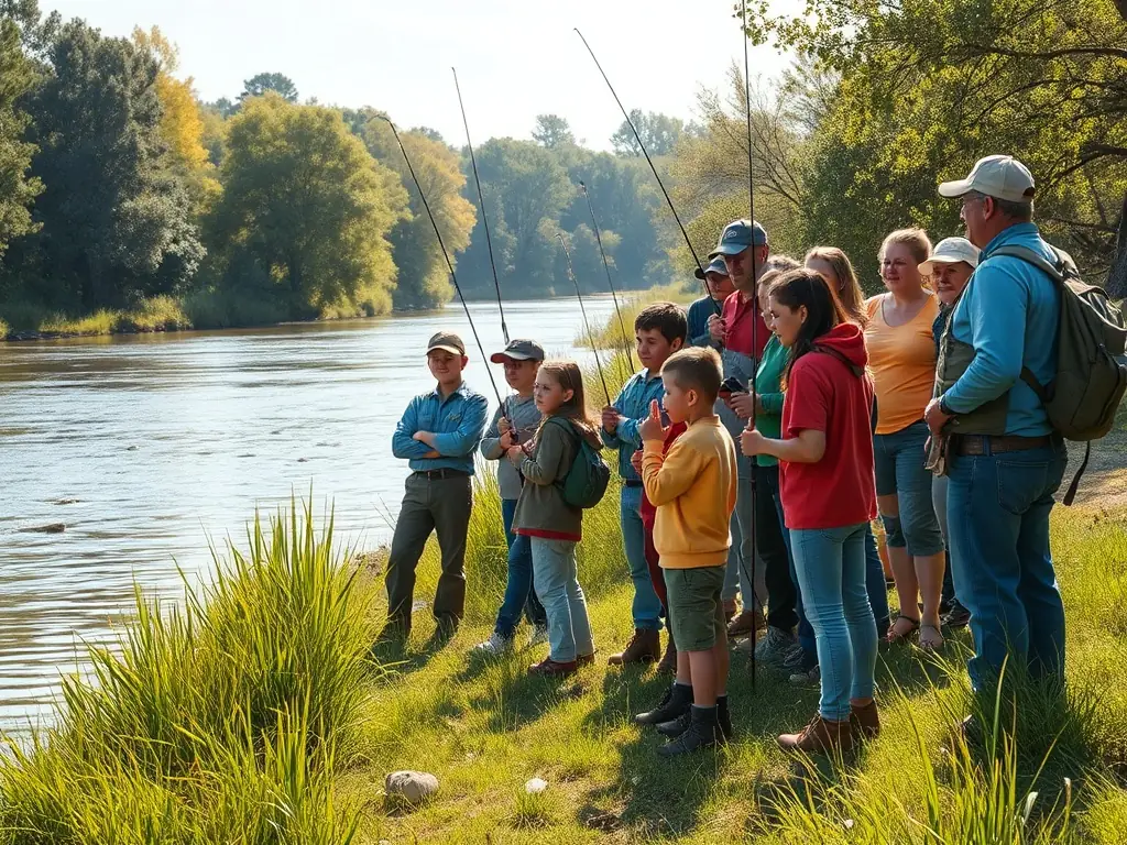 A group of participants learning fly fishing techniques in a clear river, surrounded by lush greenery, demonstrating ECOLE MOUCHE DE LA GAZELLE's commitment to practical skills training and environmental awareness.