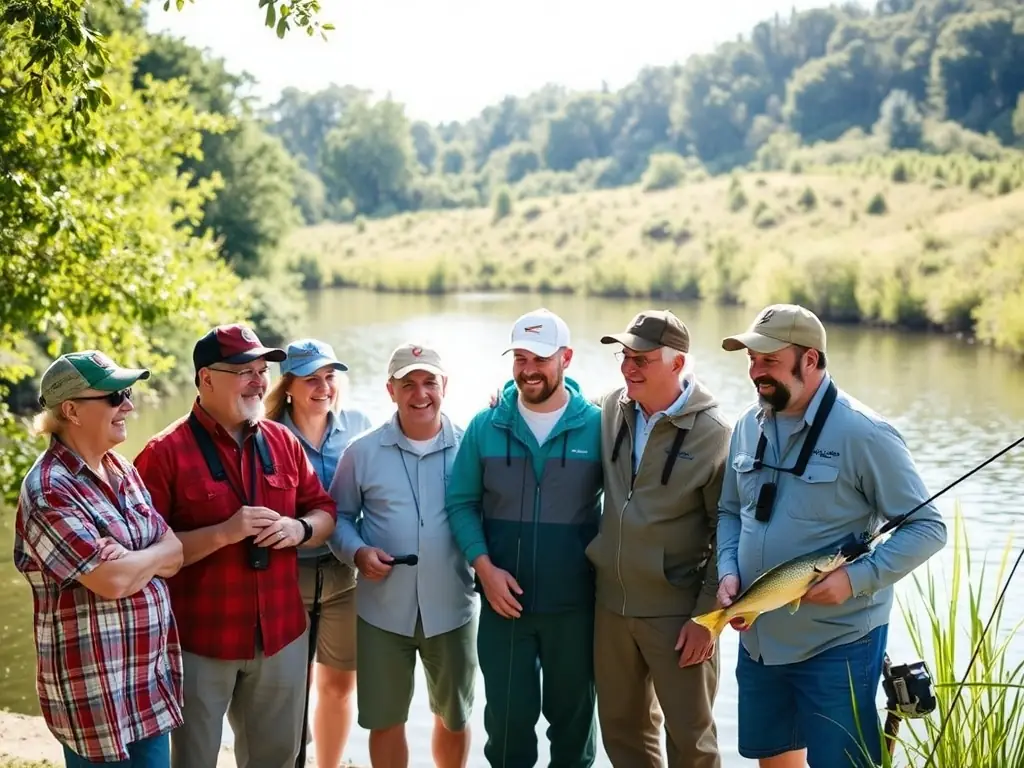 A group of participants learning fly fishing techniques in a clear river, surrounded by lush greenery, showcasing the practical skills taught in the fly fishing training program.